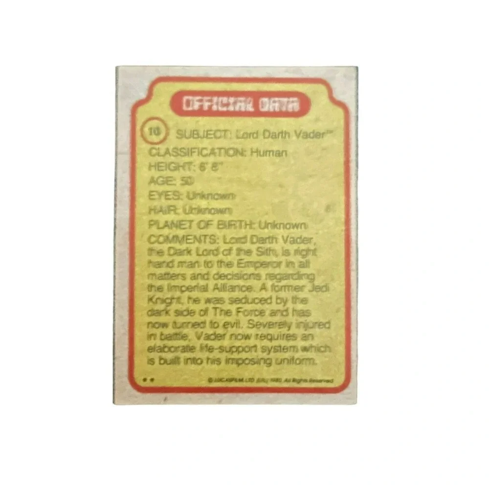 1980 Topps Star Wars Empire Strikes Back Darth Vader #10 Star File Card